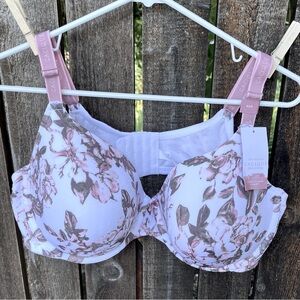 Cacique Lightly Lined T-Shirt Floral Bra NWT White Pink Green Sz 46D